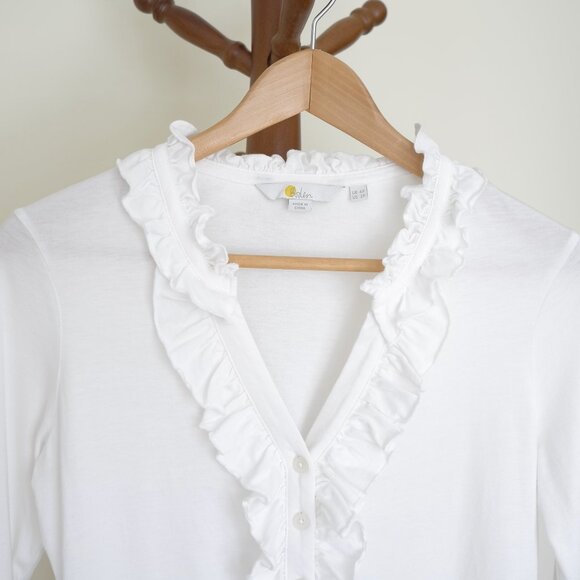 Boden Women's Ruffled V-Neck White Soft Jersey Knit Button-Down Blouse 2P - Picture 2 of 5